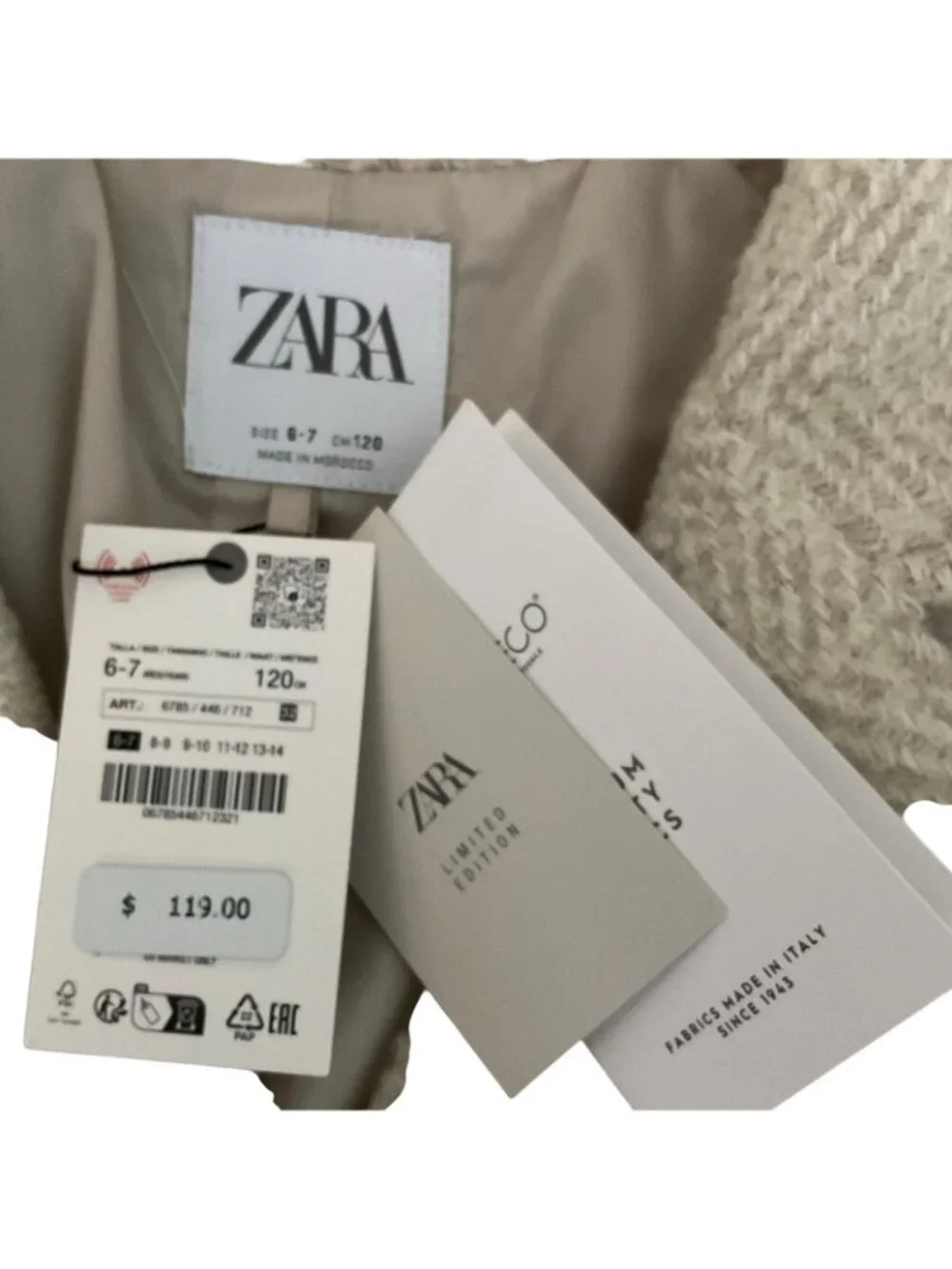 Zara Girls Coat Wool Collared Button Up Beige Size 6-7 Oversized Fake Pockets